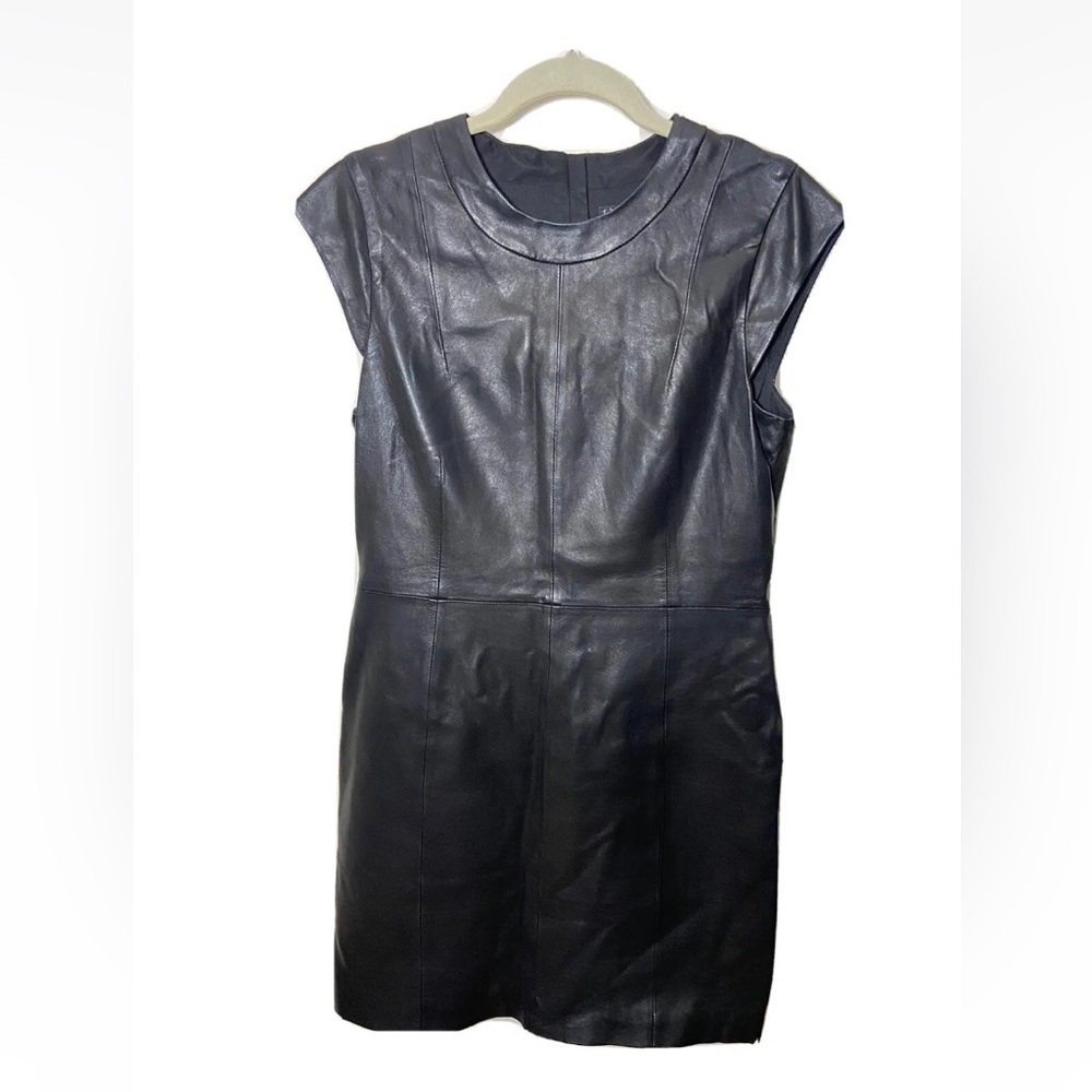 Theory black leather sheath mini dress sz 12